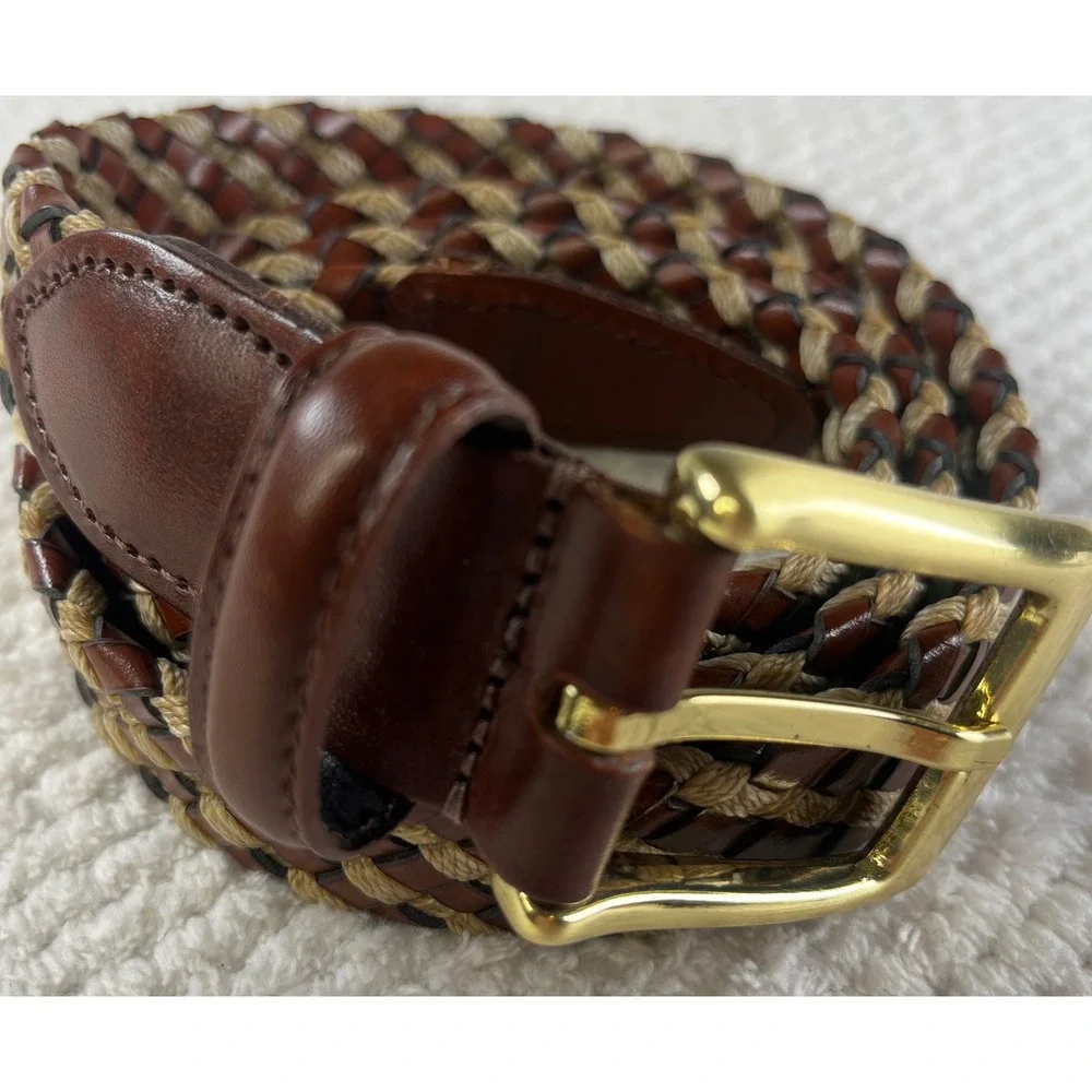 Mens Brown Leather Braided Belt Woven Cord Gold Buckle Size 36 Made in Argentina